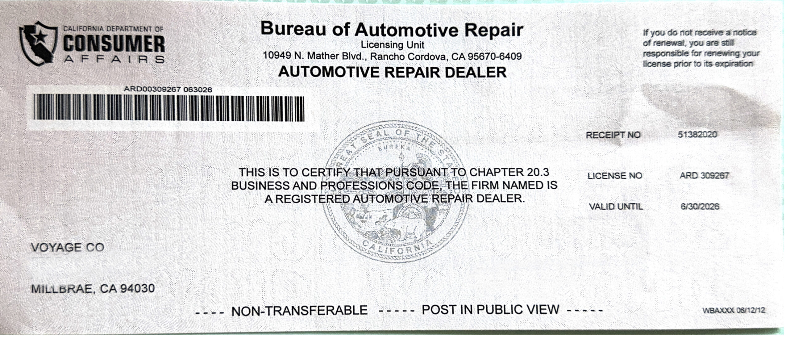 California BAR License – Voyage Co ARD 309267, valid until 2026